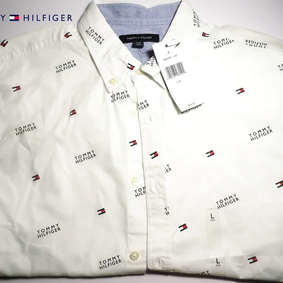 New Tommy Hilfiger Men's button-down Size L Classic fit Tommy logo short sleeves - Picture 1 of 4